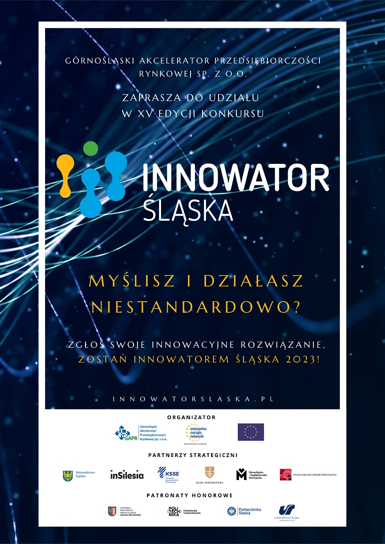 Na granatowej grafice widzimy plakat zapraszający do udziału w konkursie