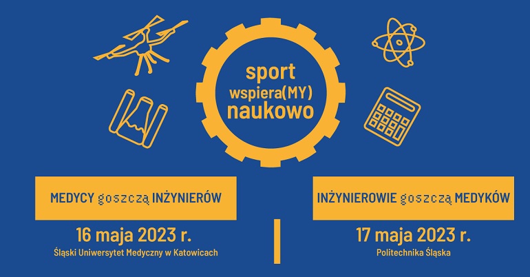 Na zdjęciu widzimy niebieski banner z żółtymi napisami zapraszającymi na imprezę sport wspieramy naukowo