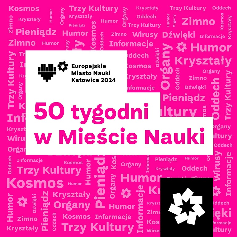 różowy plakat z napisem 50 tygodni w mieście nauki