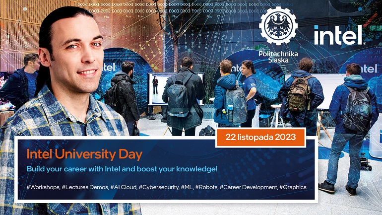 Na zdjęciu plakat reklamowy Intel day. Widzimy studentów i napisy