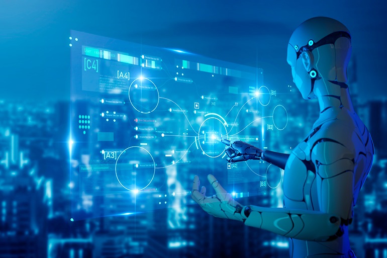 Na zdjęciu widzimy robota humanoidalnego w wirtualnej rzeczywistości