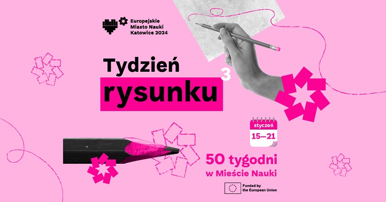 widzimy różową grafikę na niej ołówek i napis tydzień rysunku