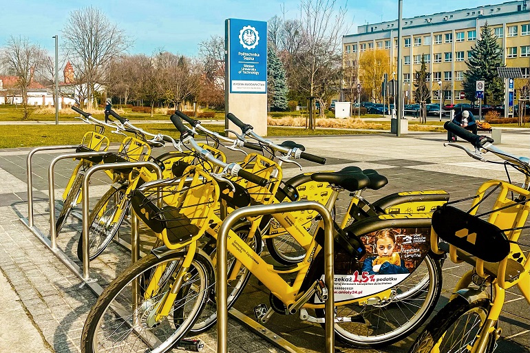 Na zdjęciu widzimy żółte rowery na terenie kampusu