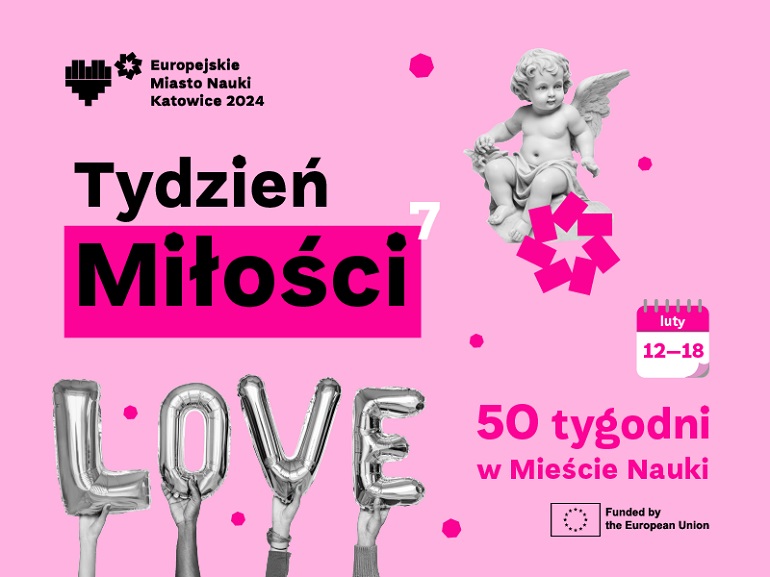 różowy plakat z caarnym napisem Tydzień Miłości i szarym napisem LOVE