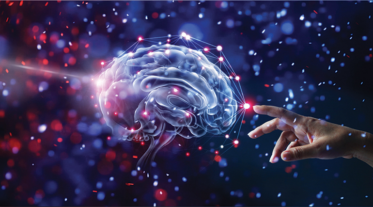 Hand touching brain and network connection on glitter bright lights colorful background