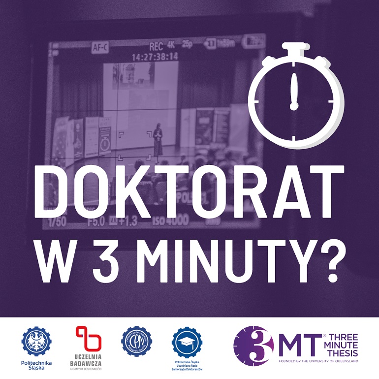 fioletowo biały plakat konkursu doktorat w 3 minuty