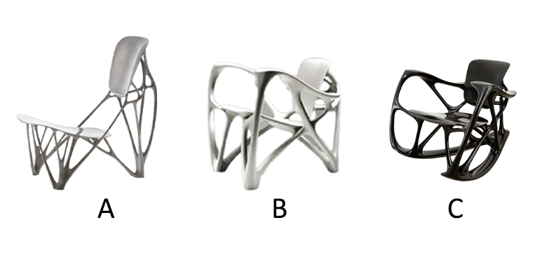 Rys. 4. Krzesła zoptymalizowane topologicznie a) Bone Chair, c) Bone Armchair, c) Bone Rocket Chair [6]