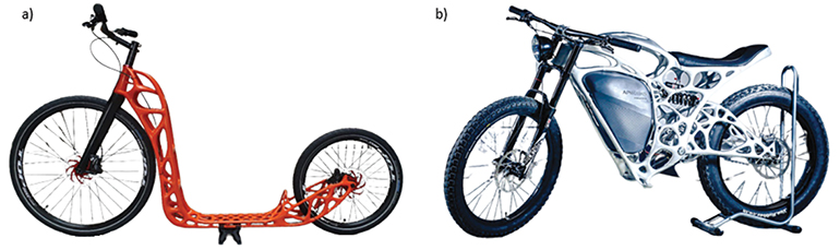 Rys. 5. Zoptymalizowana topologicznie rama a) hulajnogi [7], b) motocykla elektrycznego Light Rider [8]