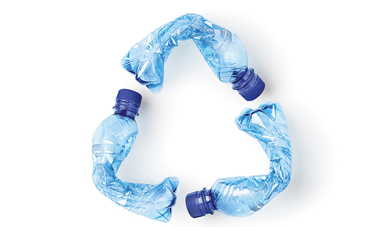 Water plastic bottles and recycle symbol made of used plastic bottles set isolated on white background. Environmental recycling concept. Design element