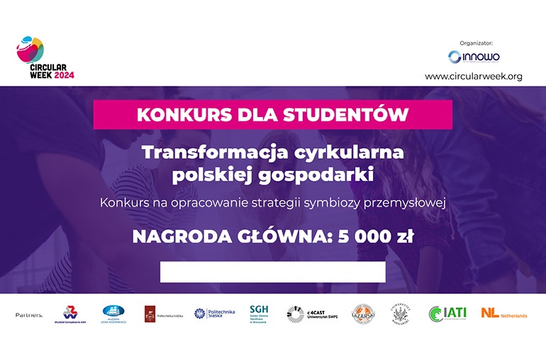 różowo fioletowy plakat zapraszający na konkurs