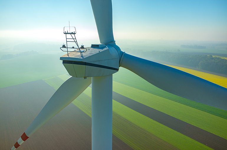Aerial view on the windmills on the field