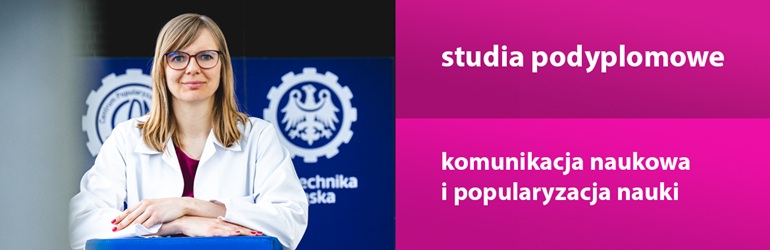na plakacie naukowczyni w białym fartuchu. siedzi z rękami złożonymi na biurku