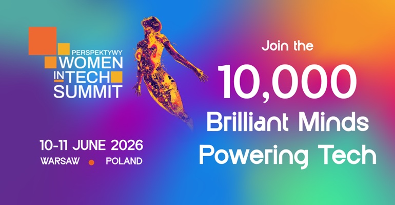 plakat women in tech. Napisy na tle kolorowej grafiki
