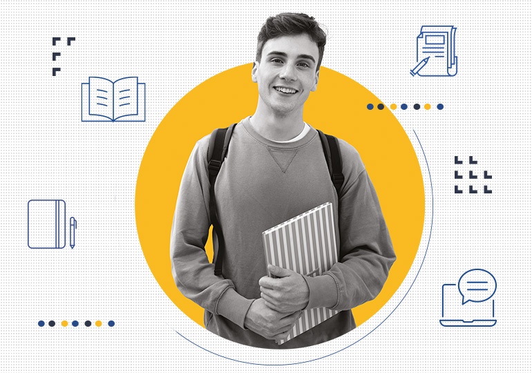na grafice widzimy studenta trzymającego zeszyt
