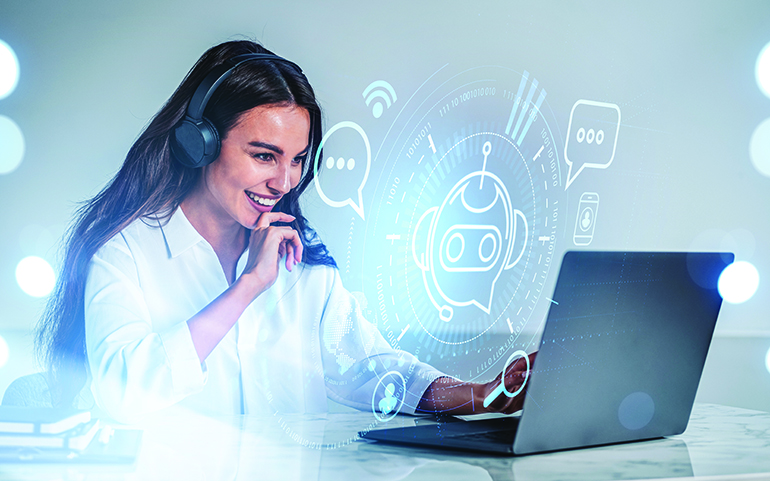 Businesswoman in headphones laugh, typing on laptop, hologram of voice chat. Hud with bot icon and social network. Office table with computer. Concept of video call and artificial intelligence